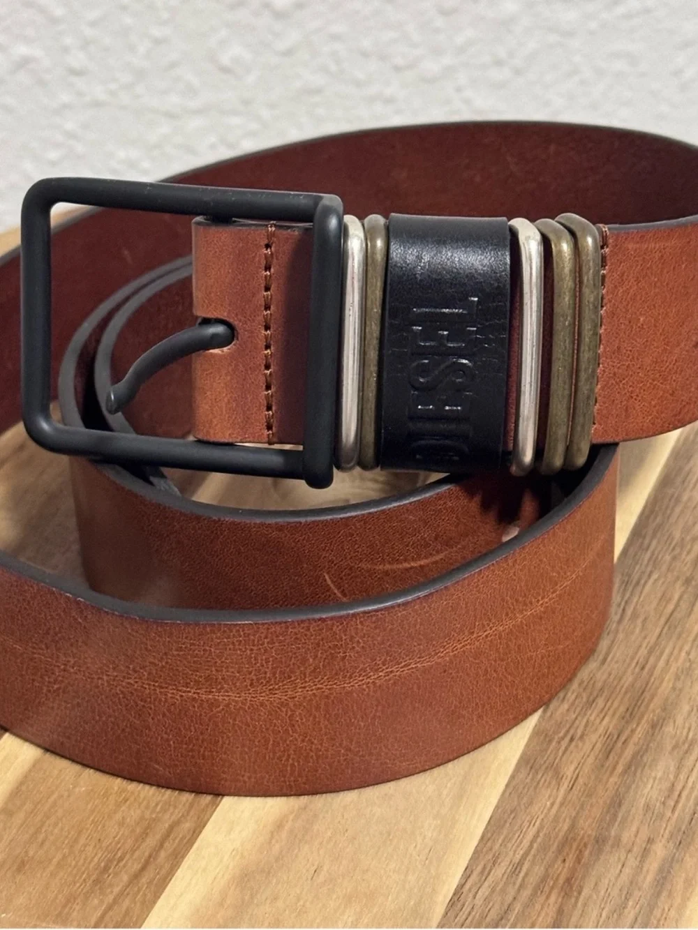DIESEL Caramel Tan Cowhide Leather Belt TriTone Buckle US38 EU95
